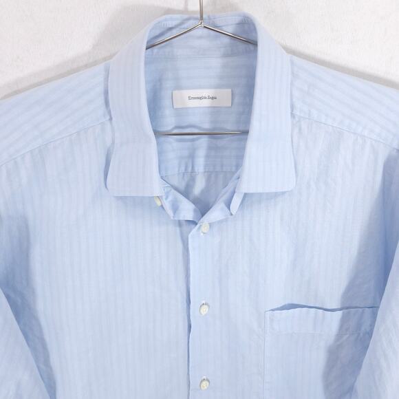 Ermenegildo Zegna Dress Shirt Mens 17-36 Blue Striped Portfino Comfort Button Up - Picture 2 of 13